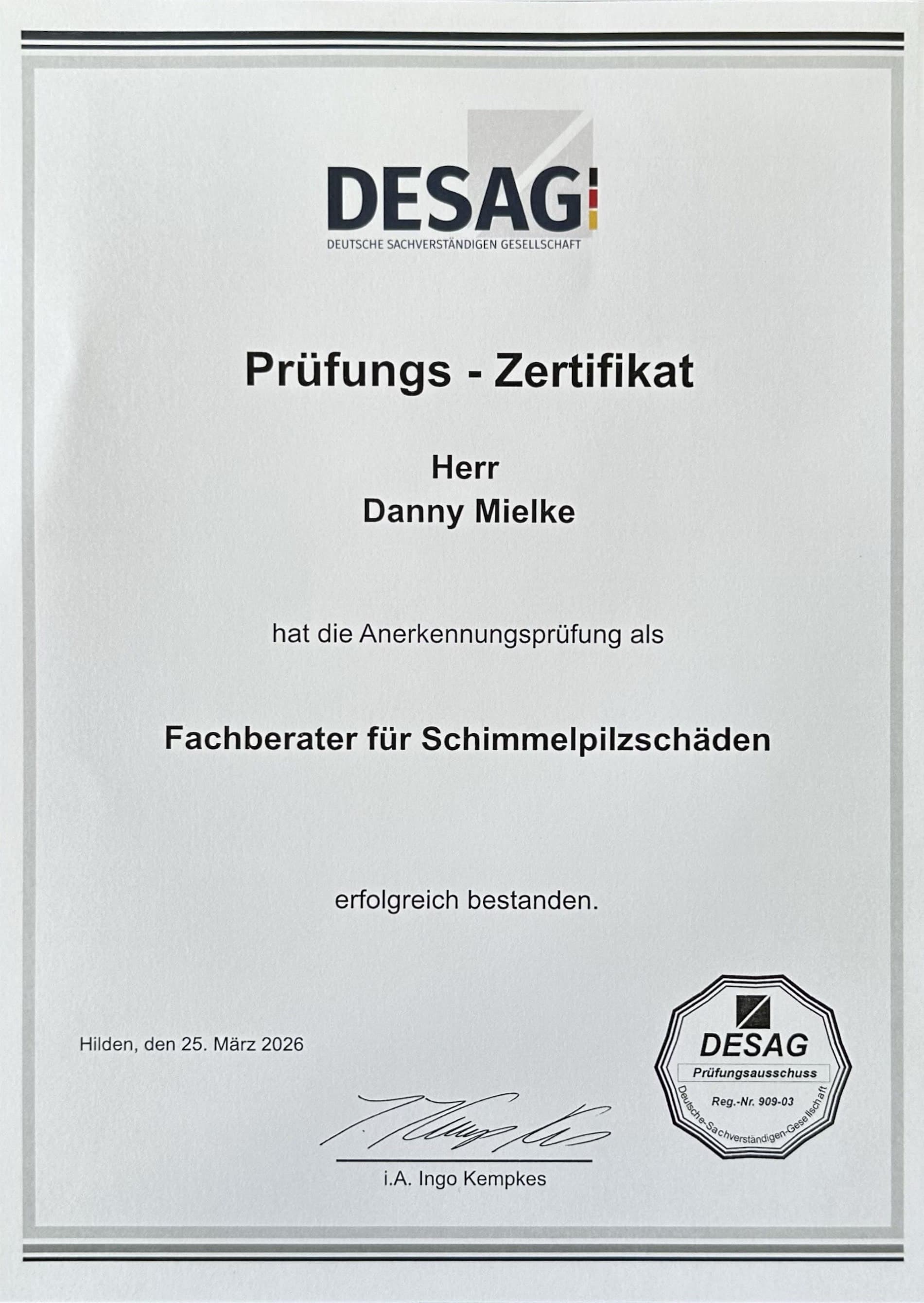 Schimmelpilz Zertifikat